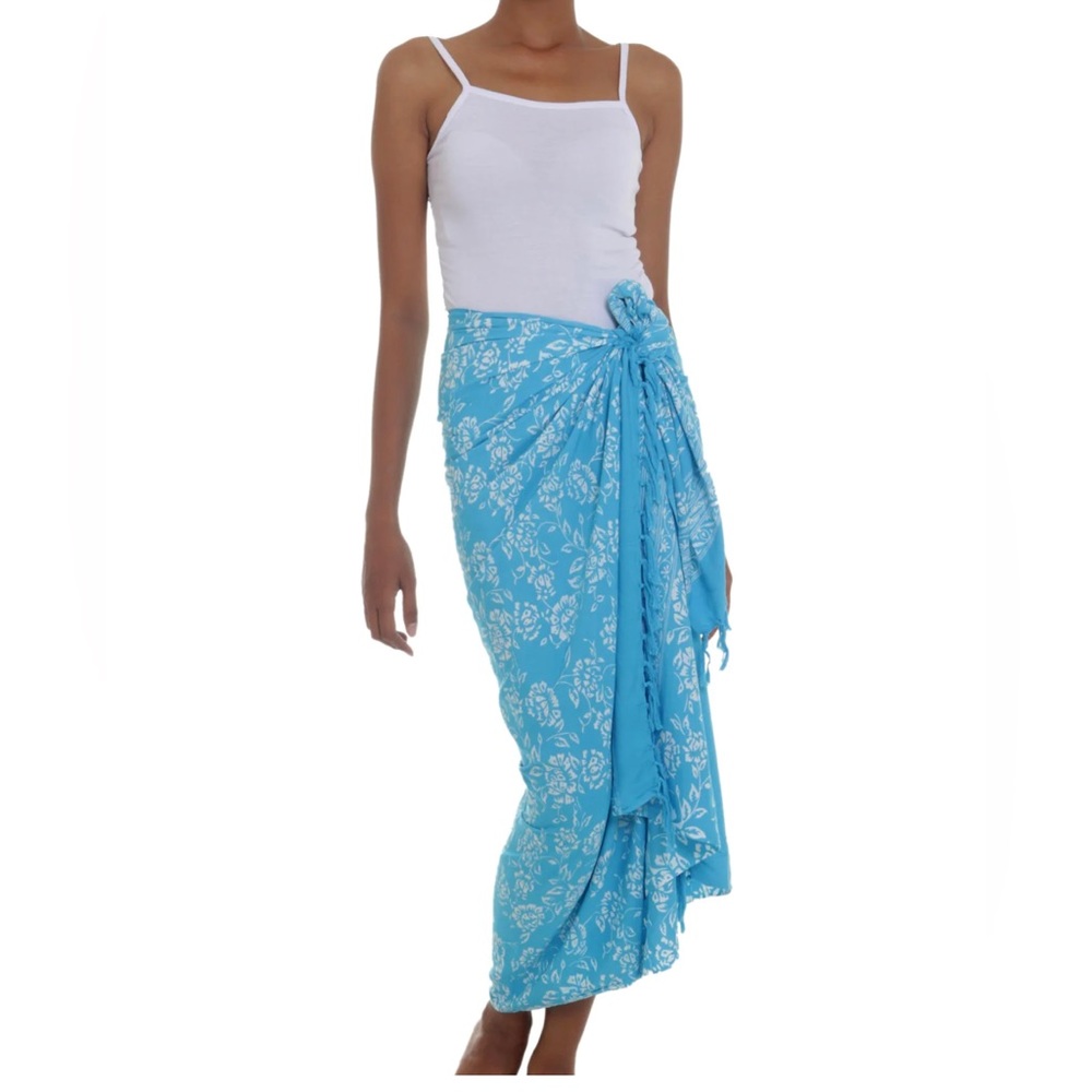 Cerulean Blue Rayon Sarong with Fringed Edges in Tropical Garden Print